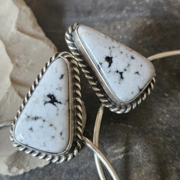 Navajo White Buffalo Turquoise Sterling Silver Earrings - Picture 6 of 6